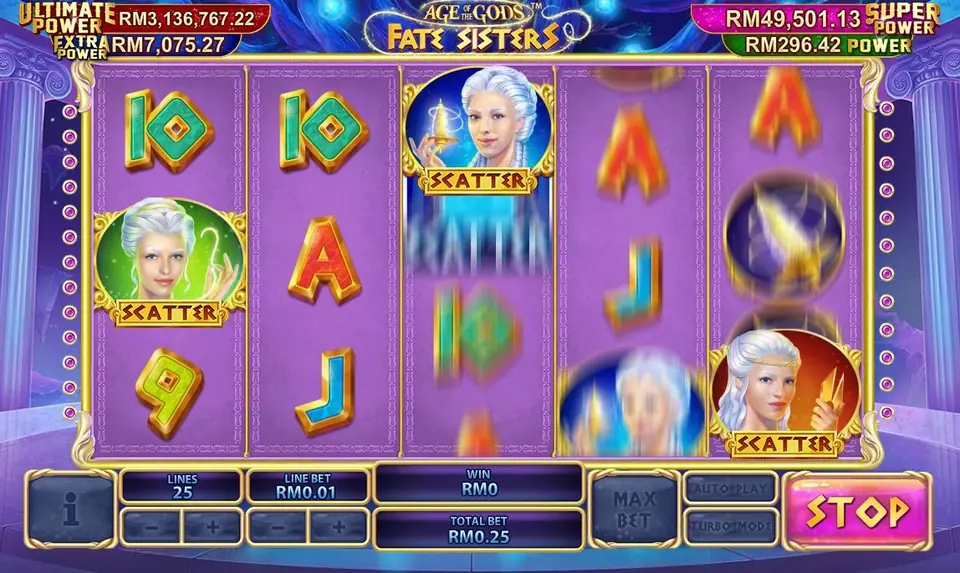 Reels 1, 3 and 5 stopped with the green, blue and red sisters each marked SCATTER, while reels 2 and 4 are still a blur