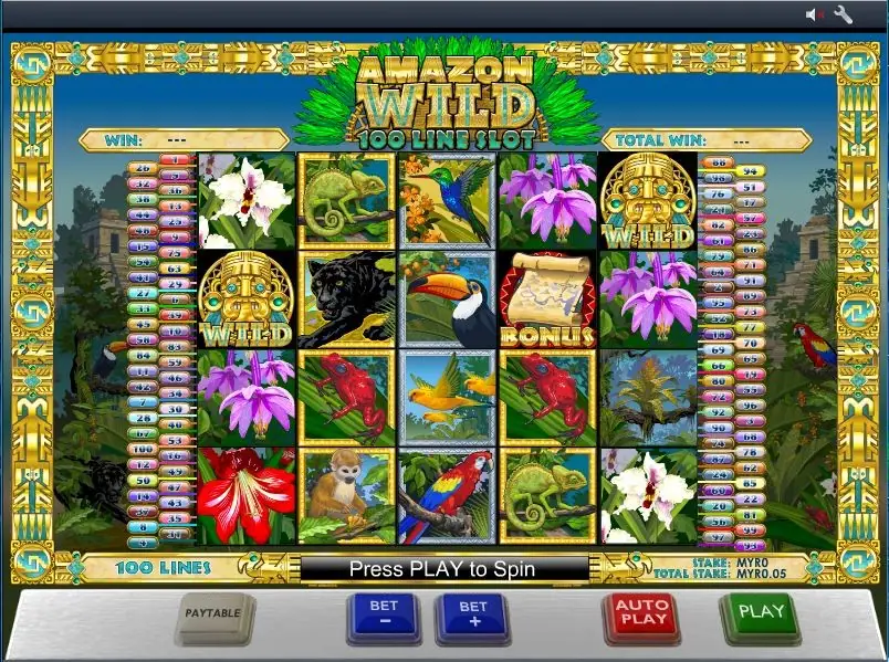 Amazon Wild '100 Line Slot' with a 5x4 grid of jungle symbols: gold Aztec mask WILDs on reels 1 and 5, a map scroll marked BONUS, a black panther, a toucan, red frogs, a macaw, a monkey and orchids, between columns of line numbers