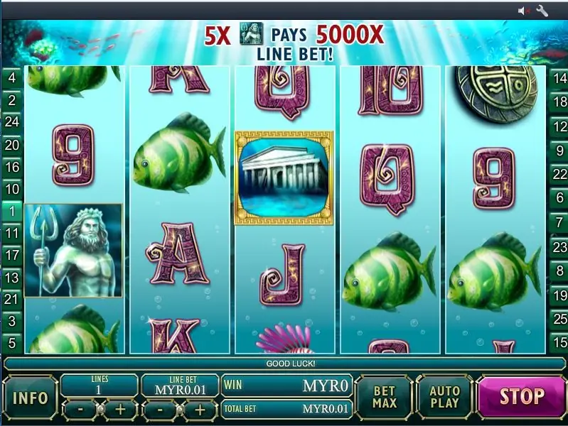The logo replaced by the banner '5X PAYS 5000X LINE BET' with a sea-king icon, the sea king on reel 1, a sunken temple on reel 3 and green fish on reels 2, 4 and 5