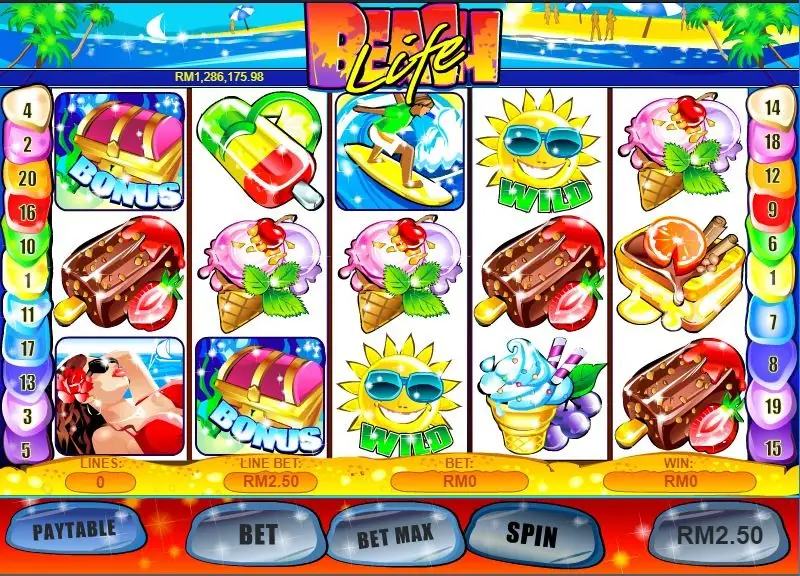 Beach Life reels: treasure-chest BONUS symbols on reels 1 and 2, a smiling sun WILD on reels 3 and 4, a surfer, chocolate ice cream bars and sundaes, with RM1,286,175.98 under the logo