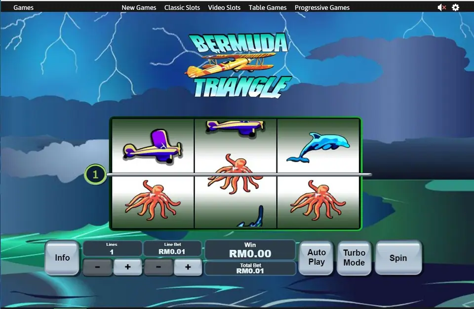 Bermuda Triangle three-reel slot under a stormy sky with lightning: a purple plane and two octopuses around payline 1, a dolphin on reel 3, and Lines 1, Line Bet RM0.01 below