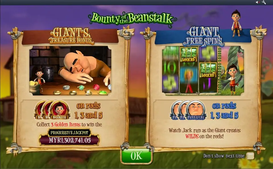 Feature intro: Giant's Treasure Bonus with three Jack BONUS badges on reels 1, 3 and 5 and a MYR1,302,741.05 progressive, next to Giant Free Spins with three giant badges on reels 1, 3 and 5