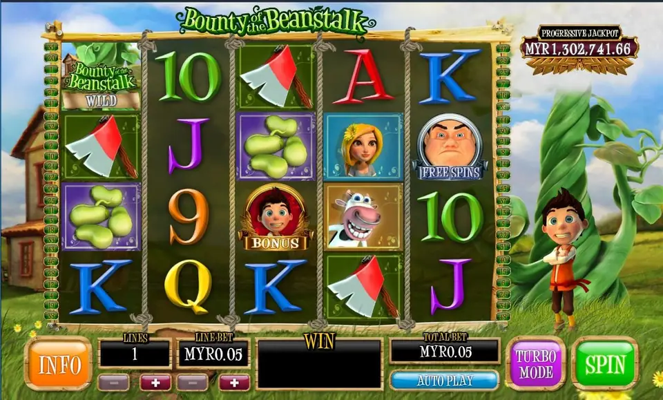 Bounty of the Beanstalk reels in a rope-bound wooden frame: axes, beans, a cow, a blonde girl, Jack's BONUS badge on reel 3 and the Giant FREE SPINS badge on reel 5, with the progressive jackpot at MYR1,302,741.66