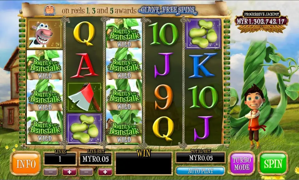 Reels 1 and 3 covered by Bounty of the Beanstalk WILD tiles from top to bottom, with a cow, axe and beans elsewhere