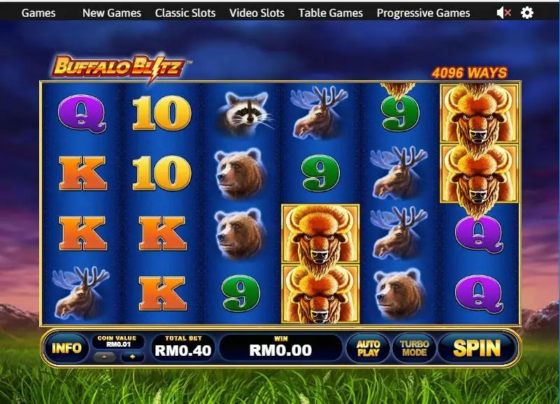 Buffalo Blitz 6x4 grid under a dusk sky: stacked golden buffalo on reels 4 and 6, bears, moose and a raccoon among 9, 10, K and Q, with 4096 WAYS and TOTAL BET RM0.40