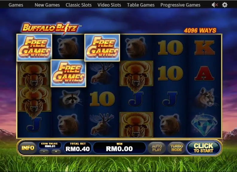 Three FREE GAMES tiles lit up on reels 1, 2 and 3, with stacked buffalo on reels 1 and 4 and a diamond bottom-right