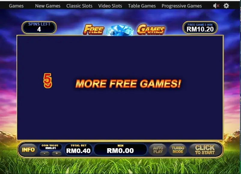 Free games screen announcing 5 MORE FREE GAMES, with SPINS LEFT 4 and FREE GAMES WIN RM10.20