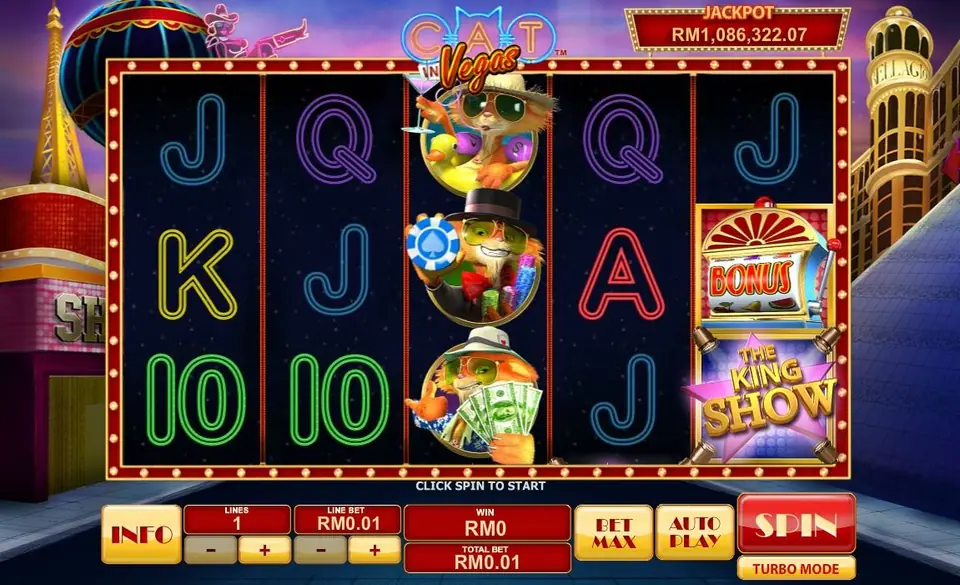 Bonus slot machine and The King Show marquee stacked on reel 5, next to the three cats on reel 3 and neon letters elsewhere