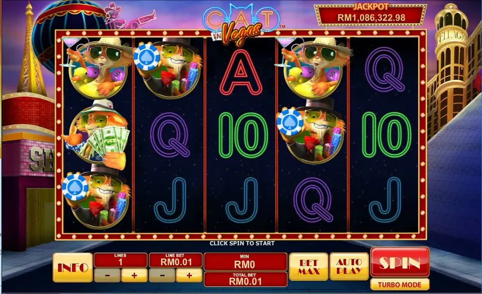 Cat in Vegas reels on a starry black background: the cat in a straw hat with a cocktail, in a top hat with a poker chip and in a fedora holding cash, among neon 10, J, Q and A, with the jackpot at RM1,086,322.98