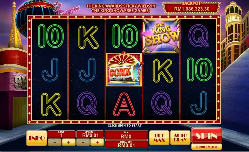 The King Show marquee on reel 4 and a Bonus machine on reel 3, with a banner saying the King awards sticky wilds in The King Show free games