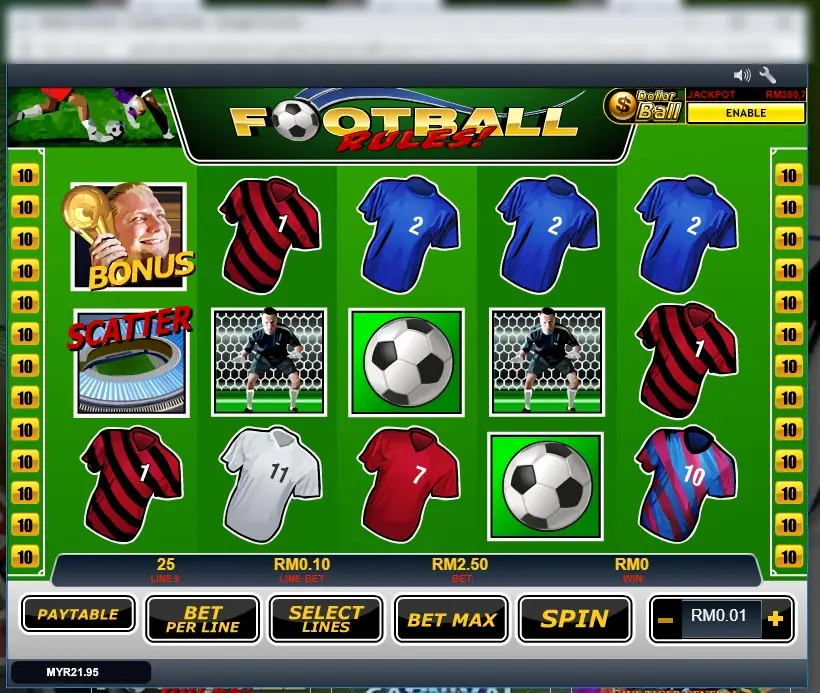 Football Rules reels: red-and-black, blue, white and striped shirts, a goalkeeper, two footballs, the trophy BONUS symbol and the stadium SCATTER on reel 1, with 25 lines at RM0.10