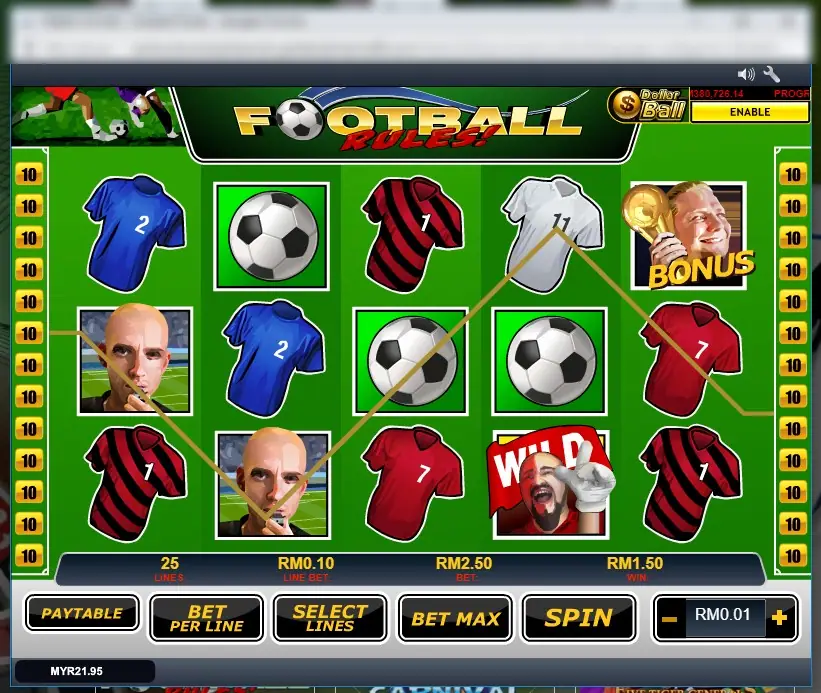 A fan with a foam finger on the red WILD flag on reel 4, referees on reels 1 and 2, footballs and shirts elsewhere, with WIN RM1.50