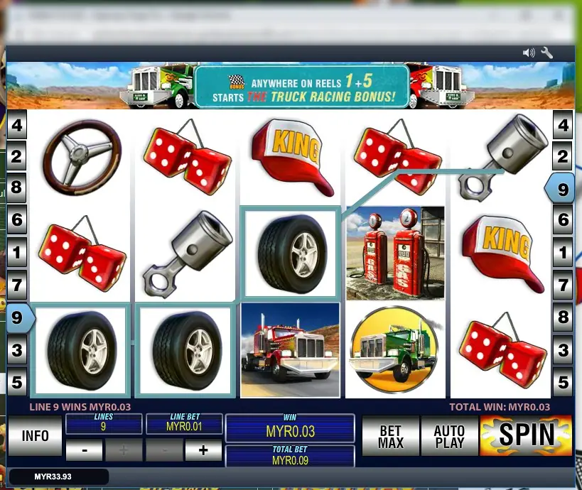 Two tyres and a third on reel 3 linked on line 9, a red truck and fuel pumps on reels 3 and 4, and LINE 9 WINS MYR0.03