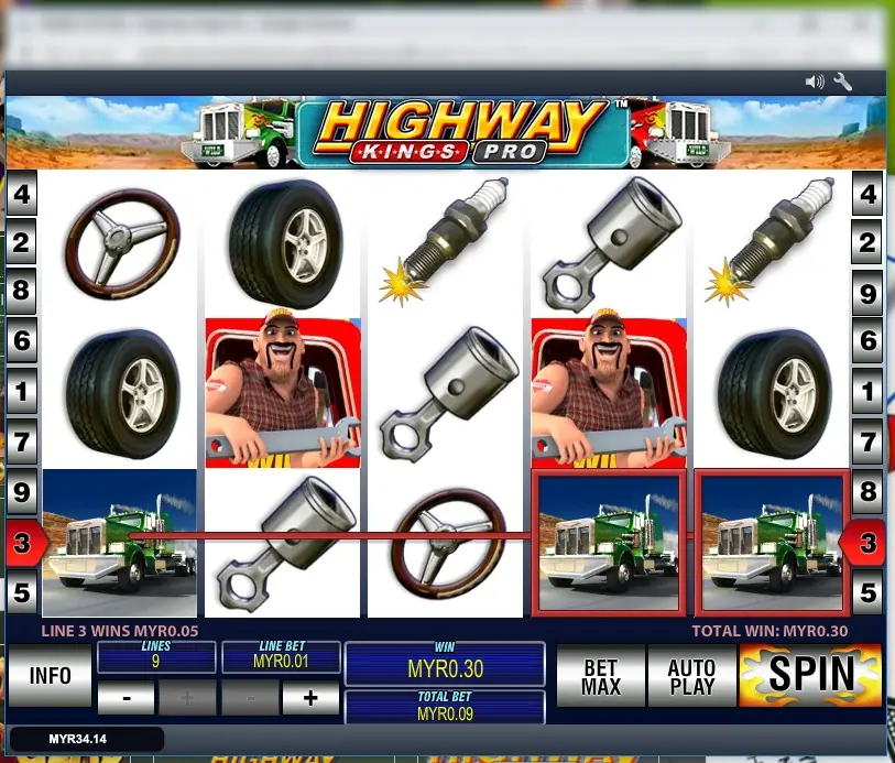 Highway Kings Pro reels with steering wheels, tyres, spark plugs and pistons, the trucker wild on reels 2 and 4, and green trucks framed on reels 4 and 5 for a line 3 win