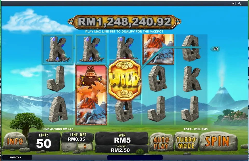 The bearded giant stacked over two rows on reel 2, a WILD on reel 3 and a volcano tile on reel 4, with LINE 49 WINS RM1.25 and TOTAL WIN RM5