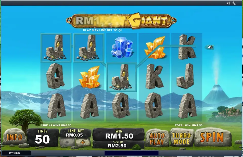 Three stone J's with gold nuggets on line 49 and orange crystals, with LINE 49 WINS RM0.50 and WIN RM1.50