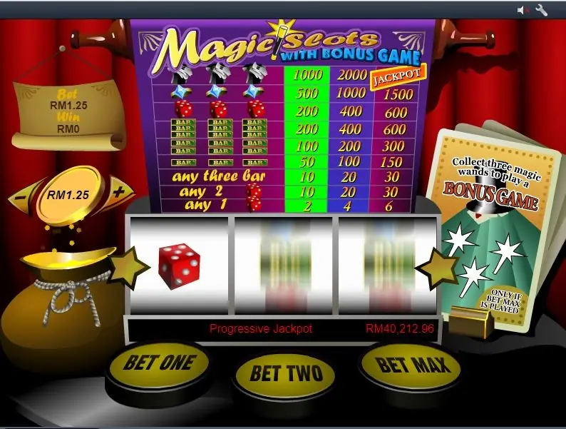 Magic Slots with Bonus Game: a purple paytable above three reels, a red die on reel 1, a RM1.25 coin on the left and a Progressive Jackpot strip reading RM40,212.96