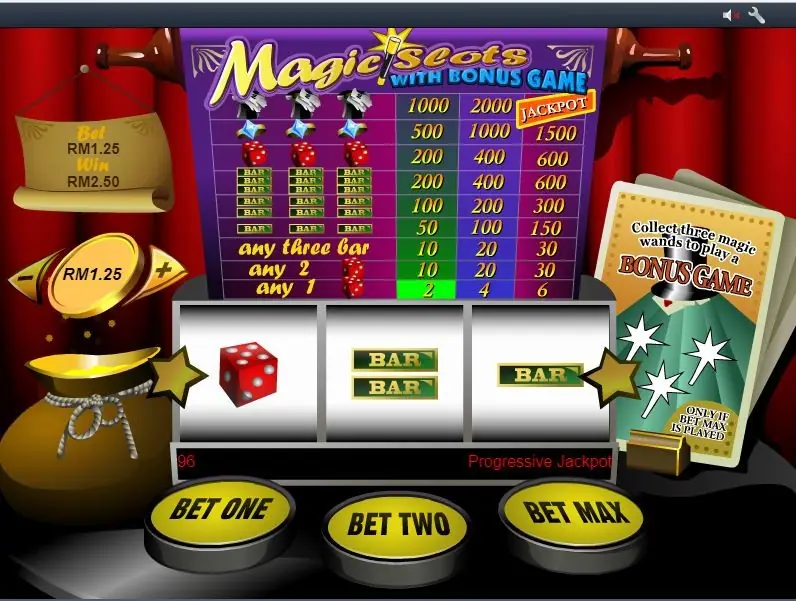 A red die on reel 1 with a double bar and a single bar on reels 2 and 3; the scroll on the left shows Bet RM1.25 and Win RM2.50