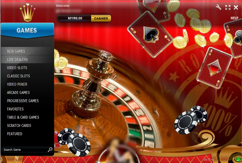 Rollex11 desktop lobby: a gold crown logo, a GAMES menu listing New Games, Live Dealers, Video Slots, Classic Slots, Video Poker, Arcade Games, Progressive Games, Favorites, Table & Card Games, Scratch Cards and Featured, a MYR0.00 balance with a CASHIER button, and a roulette wheel with chips
