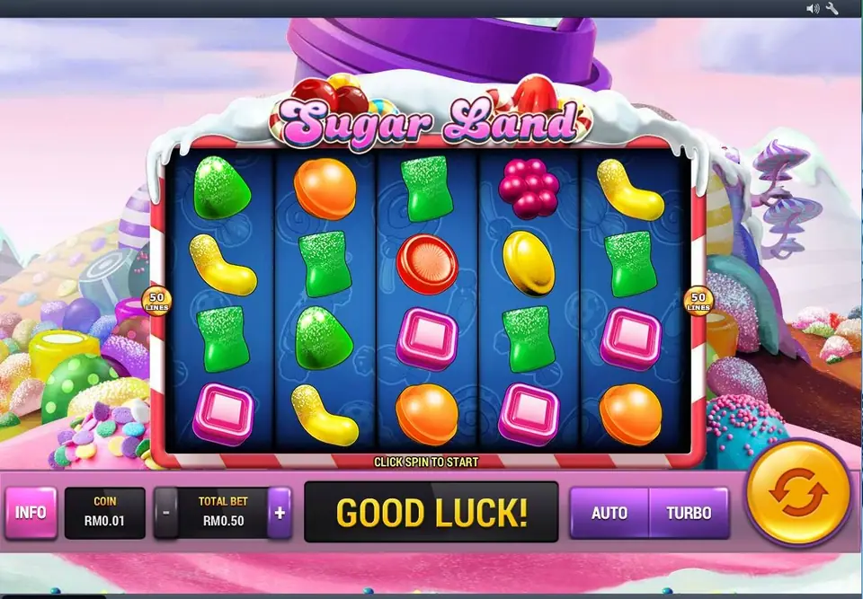 Sugar Land reels on a blue candy grid: green gumdrops, yellow jelly beans, pink square sweets and orange drops, with 50 LINES markers on both sides and COIN RM0.01, TOTAL BET RM0.50 below