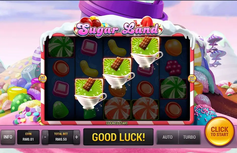 Three small white jugs with chocolate bars in them stacked across reels 2, 3 and 4, with CLICK TO START on the spin button