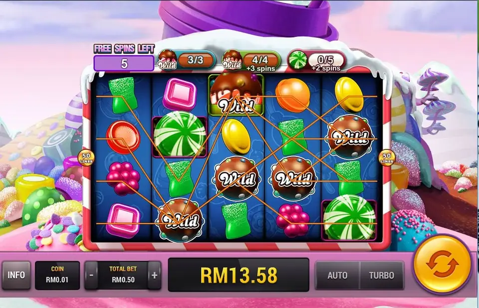 Free spins with 5 left: meters at 3/3, 4/4 +3 spins and 0/5 +2 spins, four chocolate wilds on the reels and a win of RM13.58