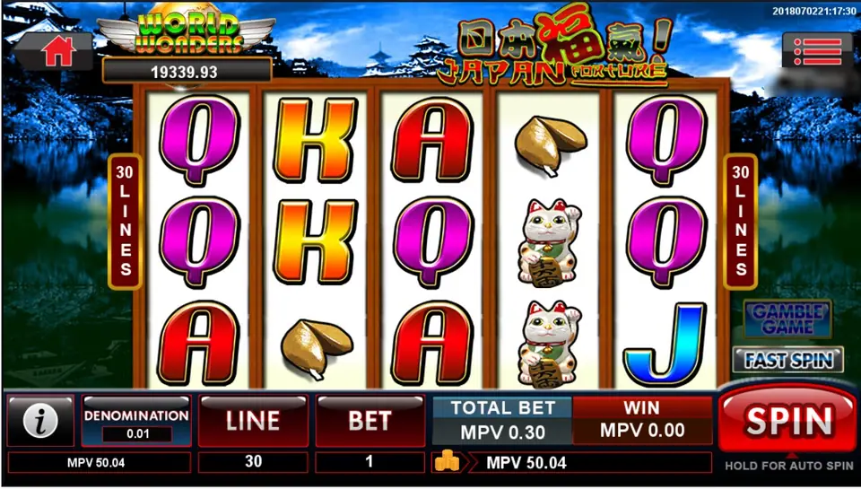 Japan Fortune reels in front of a castle and lake at night: pink Q, orange K, red A, fortune cookies and two waving lucky cats, 30 LINES on both sides and TOTAL BET MPV 0.30