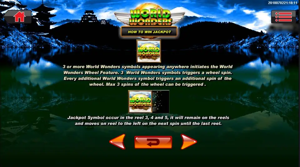 World Wonders help page: three or more World Wonders symbols start the wheel, and the jackpot symbol on reels 3 to 5 moves one reel left each spin