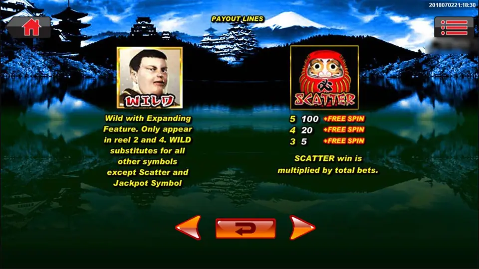 Help screen: the man in the WILD frame expands on reels 2 and 4; the red daruma SCATTER pays 5, 20 and 100 plus free spins