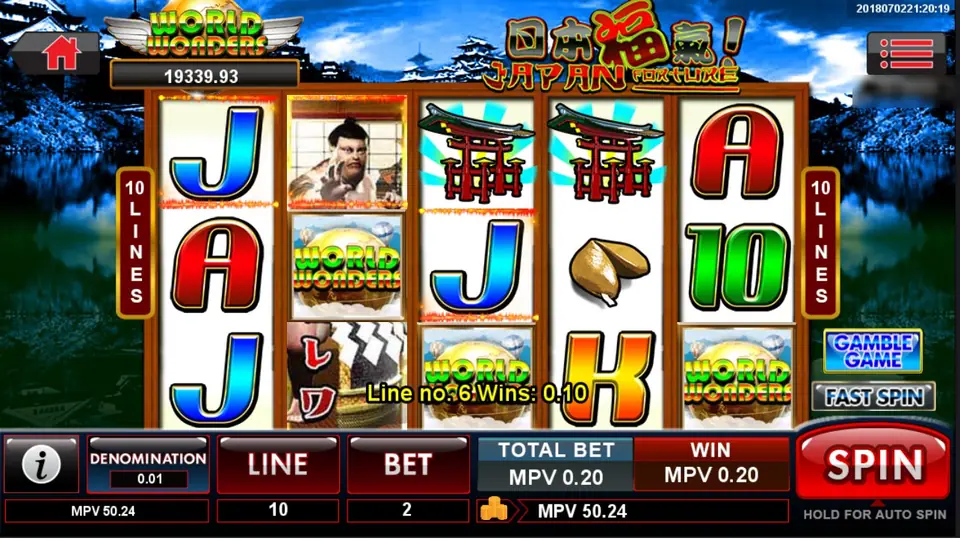 Japan Fortune on 10 lines at bet 2: two torii gates on reels 3 and 4, a sumo wrestler, World Wonders symbols on reels 2, 3 and 5, and the message Line no. 6 Wins: 0.10