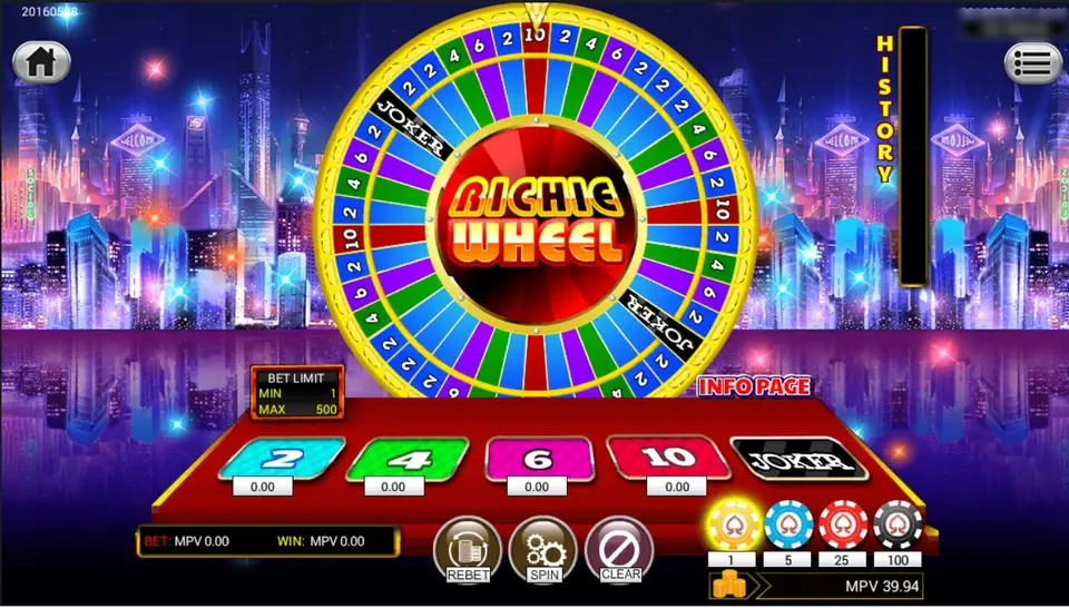Richie Wheel with blue 2, green 4, purple 6 and red 10 segments and two JOKER slices, above a red table with 2, 4, 6, 10 and JOKER boxes, BET LIMIT MIN 1 MAX 500 and chips 1, 5, 25 and 100