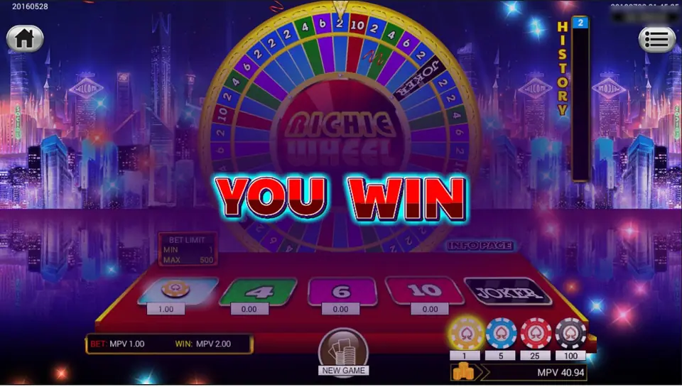 YOU WIN over the Richie Wheel after a 1.00 chip on the 2 box, with WIN: MPV 2.00 and a NEW GAME button in place of SPIN