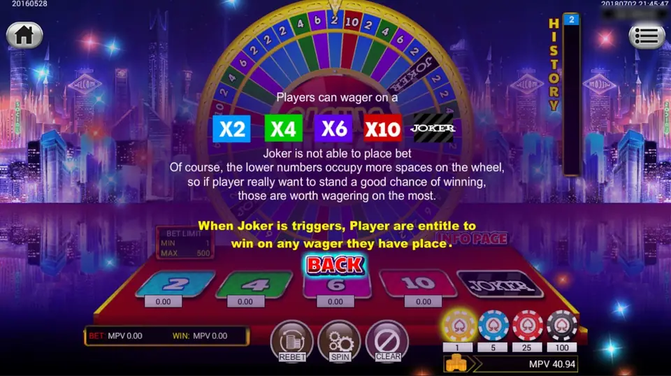 Info page over the table: X2, X4, X6, X10 and JOKER, with the note that Joker can't be bet on and pays any wager placed when it hits