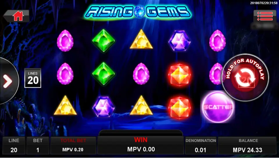Rising Gems reels in a dark blue cave: pink teardrop, green diamond, yellow triangle, purple hexagon and red gems on a 5x3 grid, a purple SCATTER orb on reel 5 and LINES 20 on the left