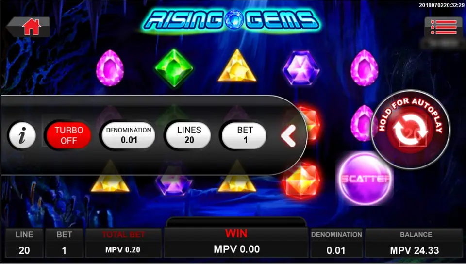Slide-out bet panel over the Rising Gems reels with the i button, TURBO OFF, DENOMINATION 0.01, LINES 20 and BET 1