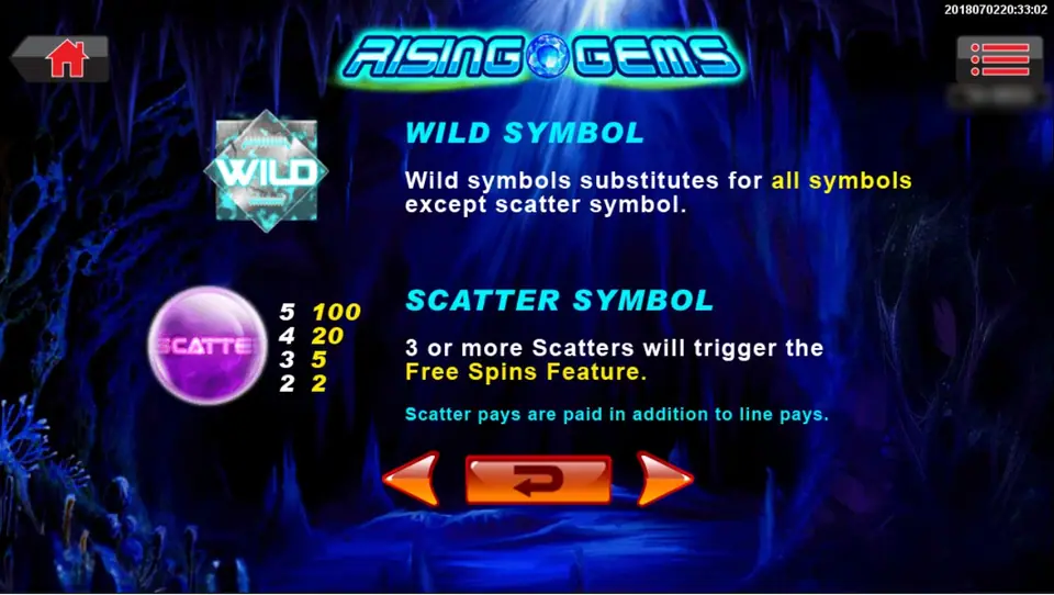 Wild and scatter help page: WILD substitutes for all symbols except the scatter; the scatter pays 100, 20, 5 and 2 and three or more start the Free Spins Feature
