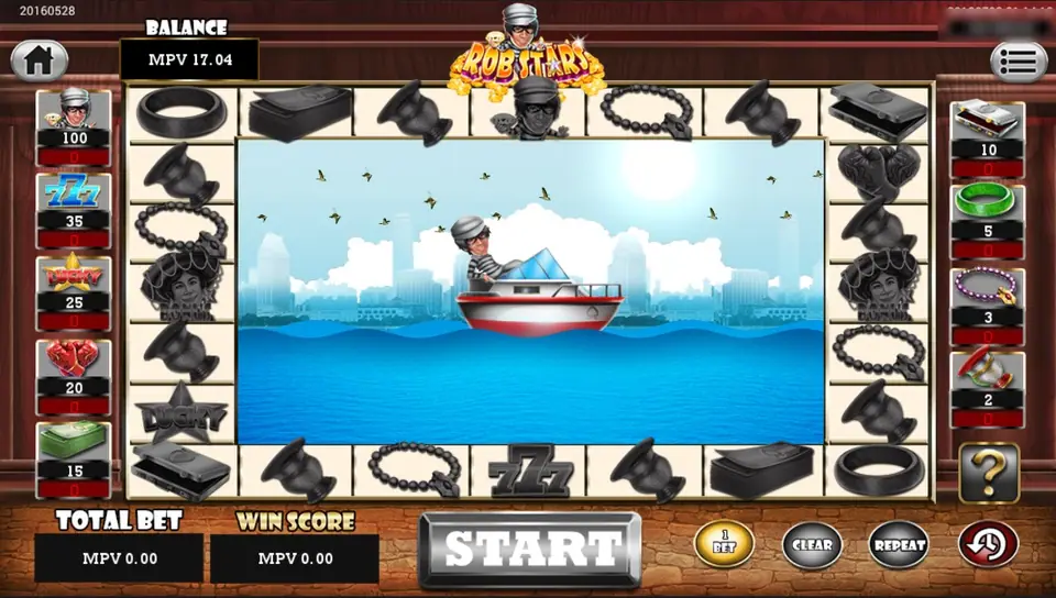 Rob Stars board: a masked robber in a speedboat in the middle, a ring of black-and-white loot symbols around it, bet columns with 100, 35, 25, 20, 15 on the left and 10, 5, 3, 2 on the right, and a big START button