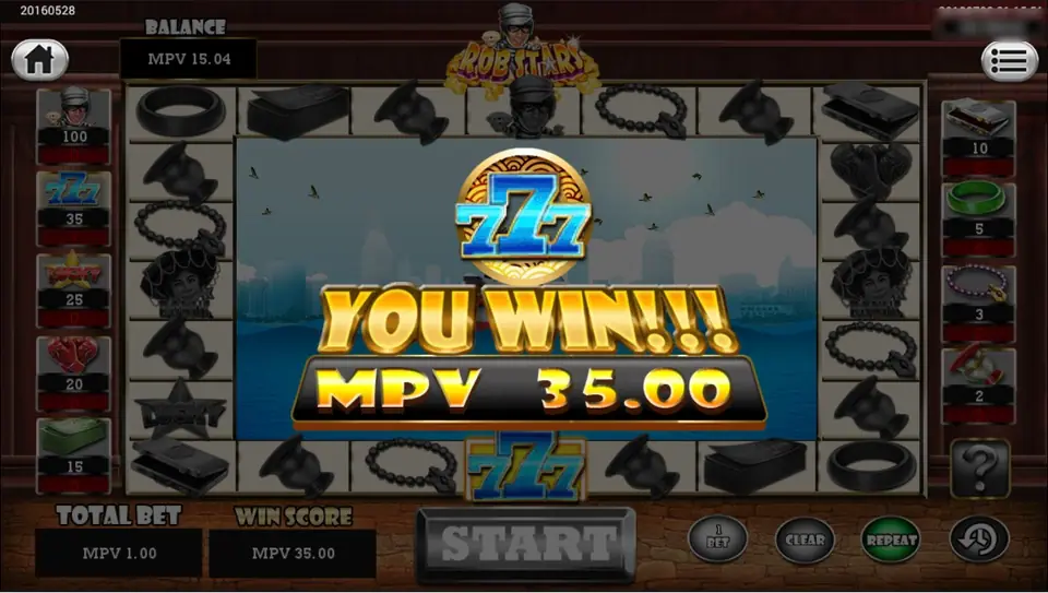 YOU WIN over the harbour scene with a big 777 badge and MPV 35.00, WIN SCORE 35.00 and TOTAL BET 1.00