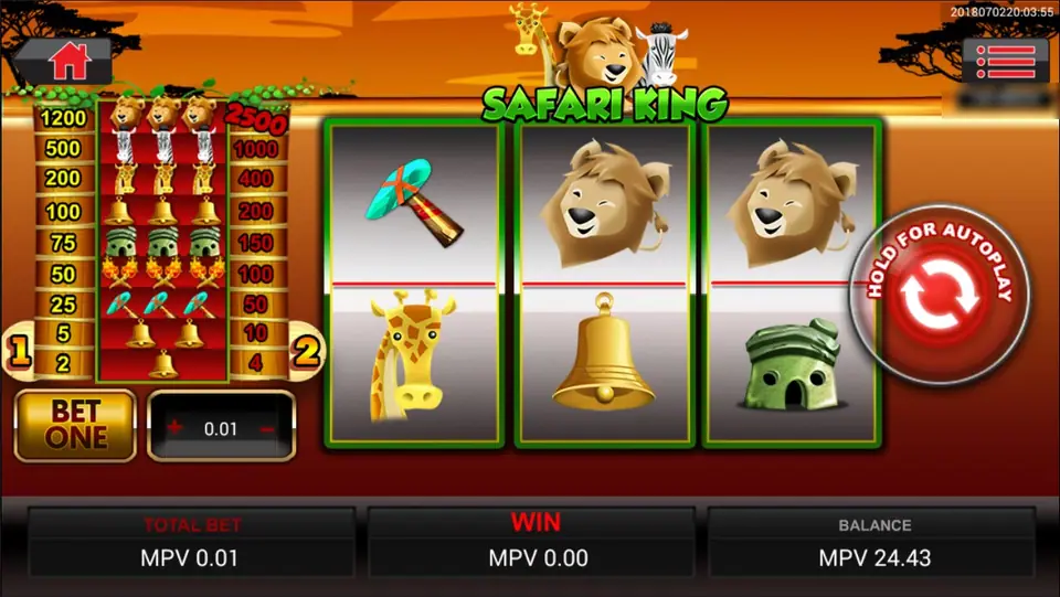Safari King: three reels on a sunset savannah with a hammer, giraffe, lion, bell and green hut, a paytable on the left from 1200 and 2500 down to 2 and 4, BET ONE and a 0.01 coin box