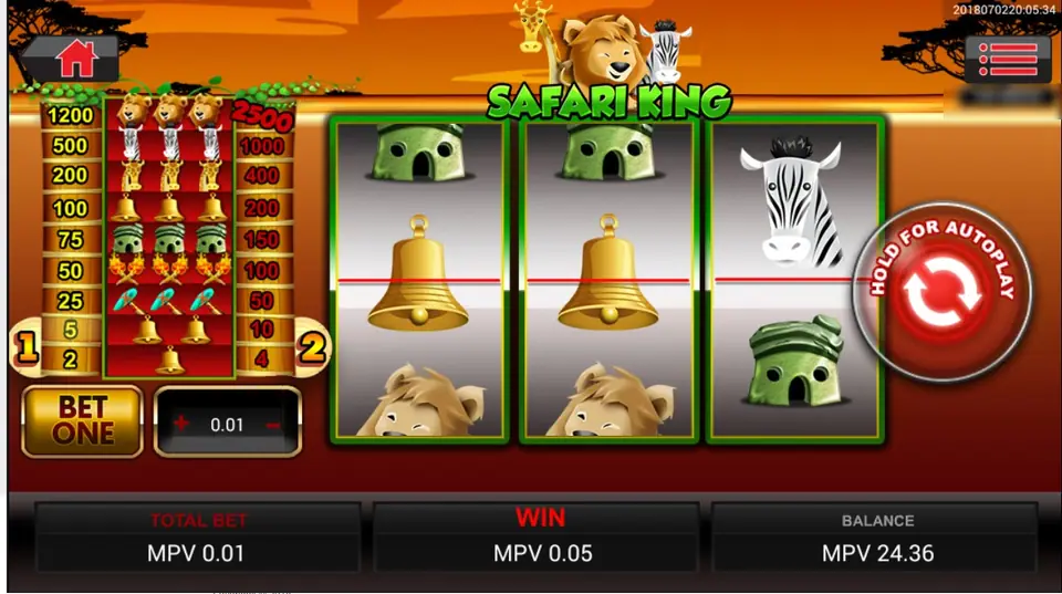 Safari King with two bells on the pay line and a zebra on reel 3, TOTAL BET MPV 0.01 and WIN MPV 0.05