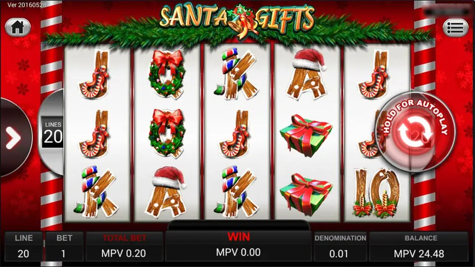 Santa Gifts reels between red-and-white candy-cane pillars under a pine garland: wooden J, Q, K and A letters, gift boxes on reel 4, LINES 20 on the left and TOTAL BET MPV 0.20