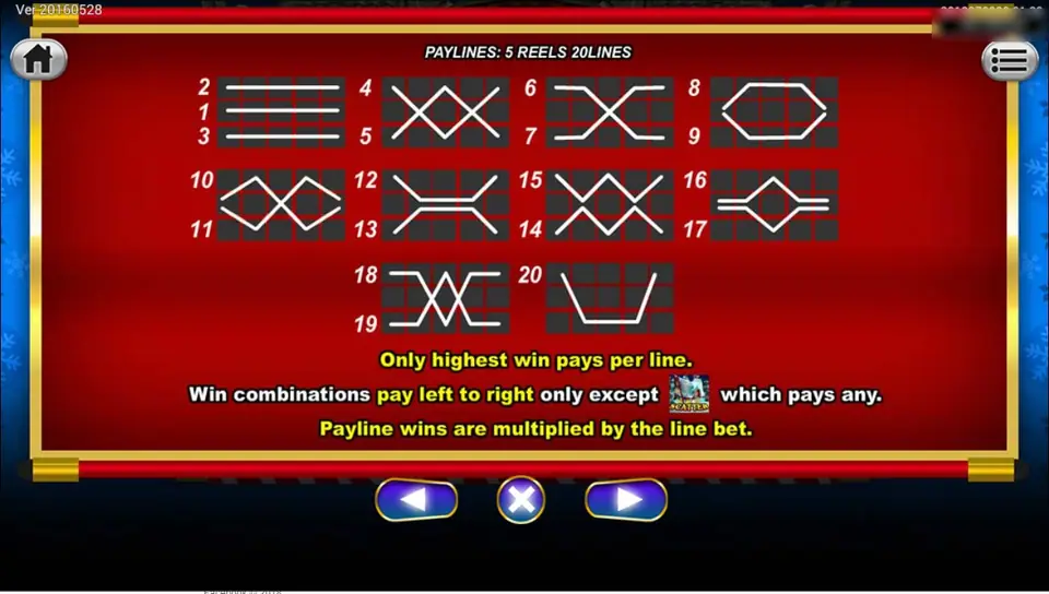Payline chart for 5 reels and 20 lines, with the rules: only the highest win pays per line, wins pay left to right except the scatter, and payline wins are multiplied by the line bet