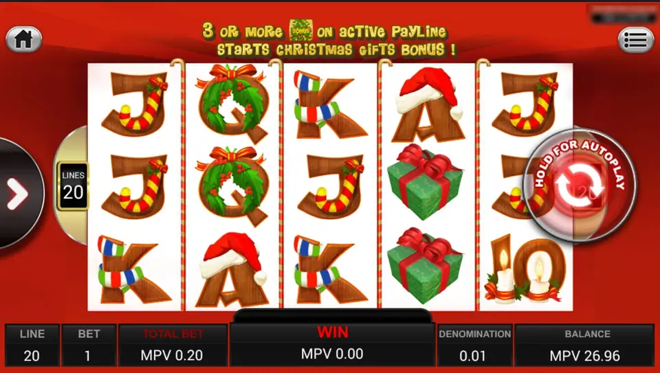 Santa Surprise reels on a red background: wooden J, Q, K, A and 10 letters dressed with scarves, Santa hats and wreaths, two green gift boxes on reel 4, and the message 3 or more BONUS on active payline starts Christmas Gifts Bonus