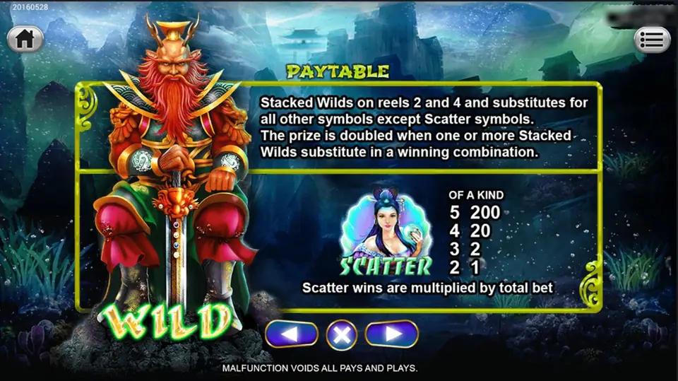 Paytable page with the red-bearded Dragon King WILD, stacked on reels 2 and 4 and doubling any prize it helps make, and the pearl-lady SCATTER paying 200, 20, 2 and 1