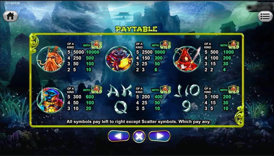 Sea Emperor paytable with normal and WITH WILD columns: sea official 5000 and 10000, crab general 2500 and 5000, shrimp warrior 500 and 1000, fish soldier 300 and 600, then A K Q and J 10 9