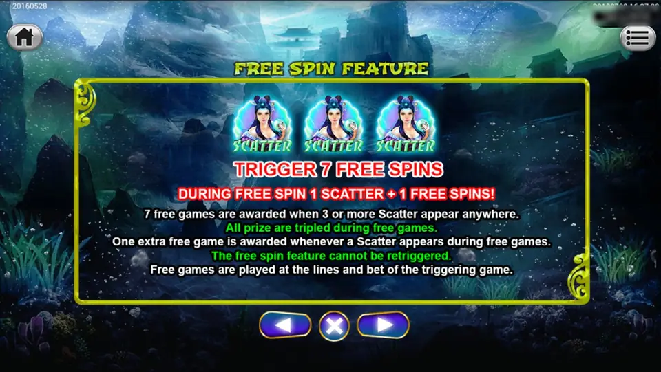 Free Spin Feature page: three pearl-lady scatters trigger 7 free spins, all prizes tripled, one extra free spin for each scatter during the feature, no retrigger