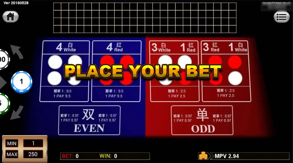 Sedie table with PLACE YOUR BET across it: blue boxes for 4 White and 4 Red paying 1:9.5, red boxes for 3 White 1 Red and 3 Red 1 White paying 1:2.5, EVEN and ODD at 1:0.97, and MIN 1 MAX 250