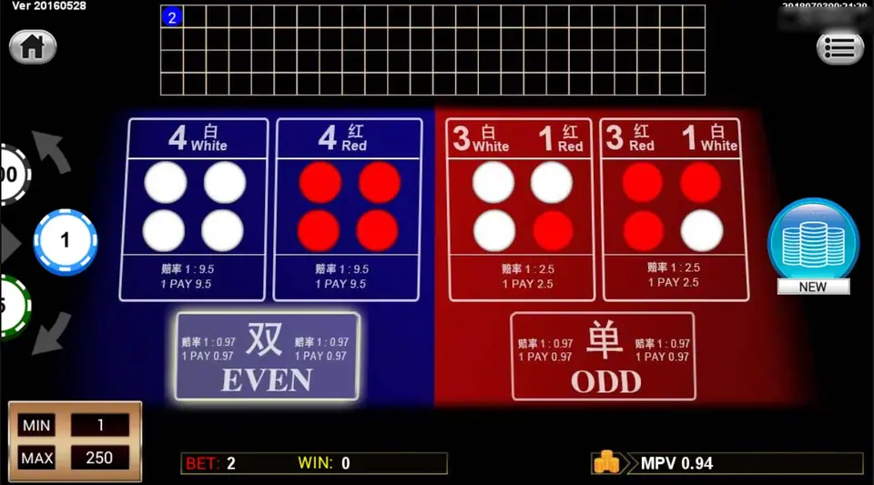 Sedie after a round: a chip of 2 on EVEN, the Even box lit, NEW button on the right and the history grid showing a blue 2 in the first cell
