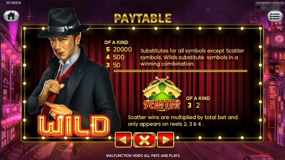 Shanghai 008 wild page: the fedora-wearing gangster WILD pays 20000, 500 and 50; the crossed-pistol SCATTER pays 2 for three and only appears on reels 2, 3 and 4