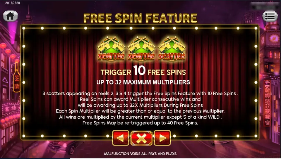 Free Spin Feature page: three scatters trigger 10 free spins with up to 32 maximum multipliers; each multiplier is at least the previous one and free spins can retrigger up to 40